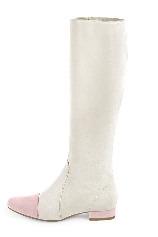 Powder pink and off white women's feminine knee-high boots. Round toe. Flat block heels. Made to measure. Profile view - Florence KOOIJMAN